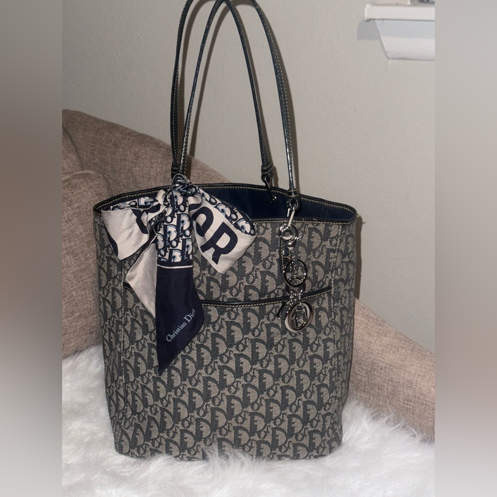 Vintage Dior Trotter Navy Tote Bag withCharm and Silk Scarf Accent